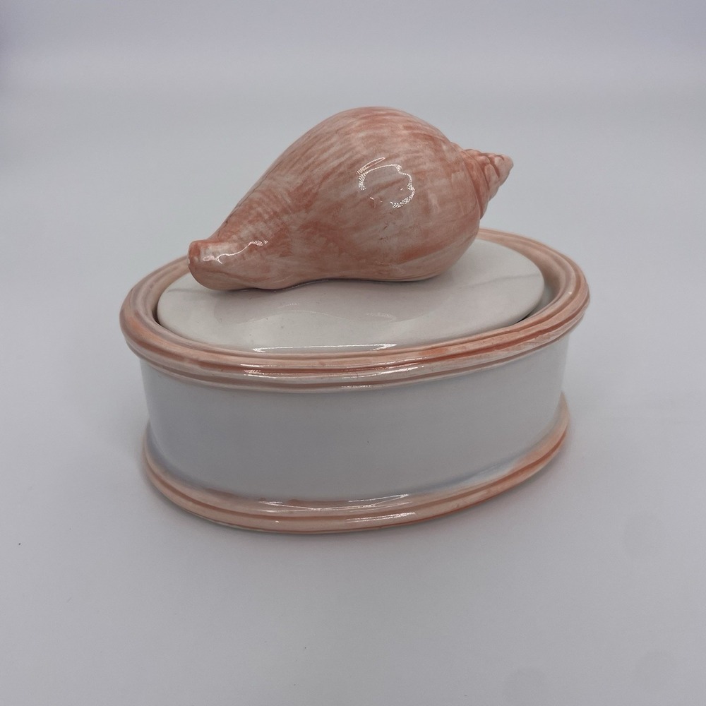 Vintage Ceramic Seashell Trinket Box Oval Coastal Grandma Decor Peach White
